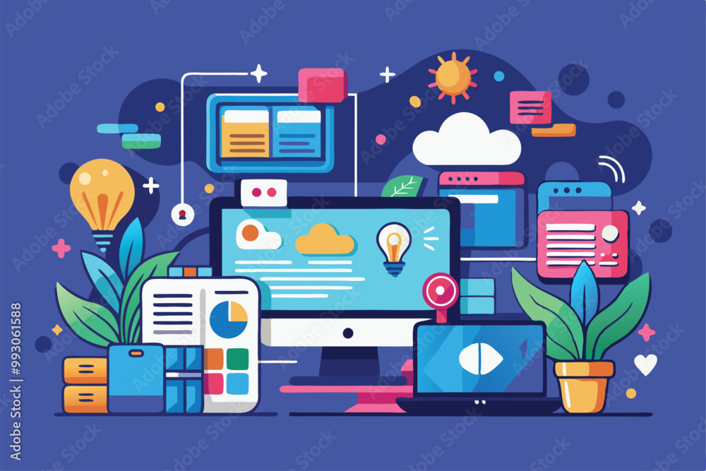 Poster a vibrant workspace features customizable illustrations designed for user interface and user experie