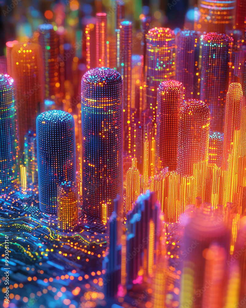 Poster a computer-generated 3d model visualizing complex data sets, with graphs and charts in vibrant color
