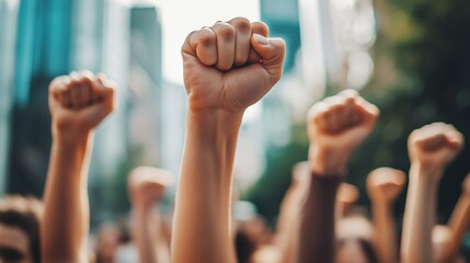 Powerful Demonstration of Unity and Strength with Raised Fists in a City Protest