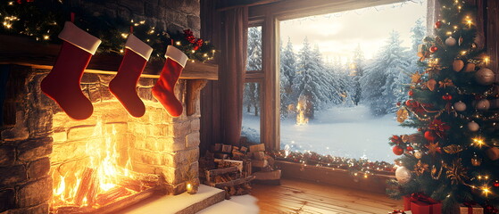 Warm atmosphere during Christmas gives feeling of happiness, peace and friendliness, used as advertisement, decoration during Christmas season to create impressive atmosphere and attract the audience.