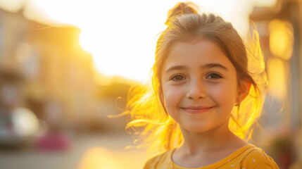 Portrait of a smiling Turkish girl aged 8 with sunlit hair