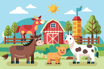 Fototapeta premium Various farm animals gather near a vibrant barn under a clear sky filled with sunshine and hills, Customizable semi-flat illustrations of farm animals.