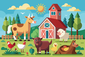 A lively display of farm animals like cows, sheep, and chickens enjoying a sunny day in a vibrant farmyard, Customizable semi-flat illustrations of farm animals.
