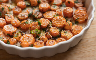 Delicious Garlic Butter Parmesan Carrots in a White Tray Ready to Eat – The Perfect Holiday Side Dish Close-Up
