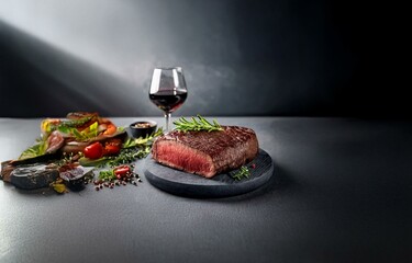 A perfectly cooked steak on a dark background with a glass of red wine and other culinary elements.