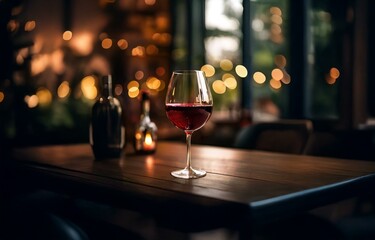 A glass of red wine sits on a wooden table in a dimly lit restaurant with bokeh lights in the background.