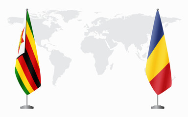 Zimbabwe and Romania flags for official meeting against background of world map.