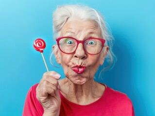 A senior woman with glasses holds a lollipop and makes a funny face. AI.