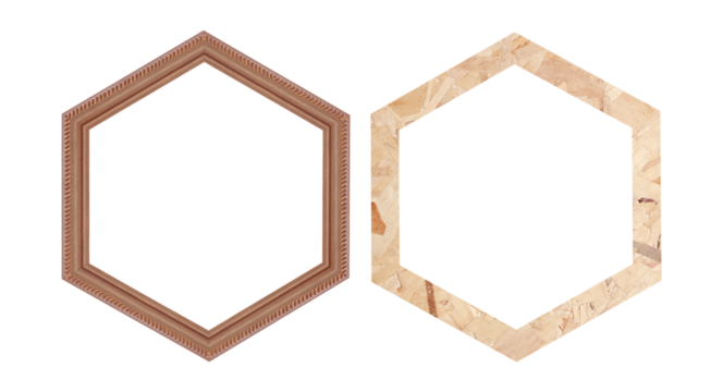 wooden hexagonal frame isolated on white background.
