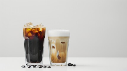 Minimalist presentation of two tall glasses, one with black iced coffee and the other with a latte with milk, set against a plain white background with clear copy space.