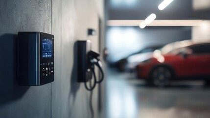 Close-Up of Energy Storage System in Modern Garage. Blurred Electric Vehicles and Solar Panels Background