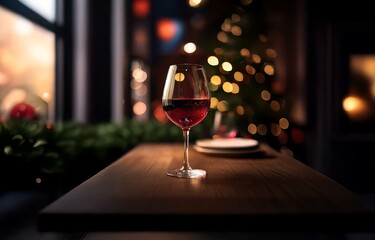 A glass of red wine sits on a wooden table, with blurry lights and a Christmas tree in the background.