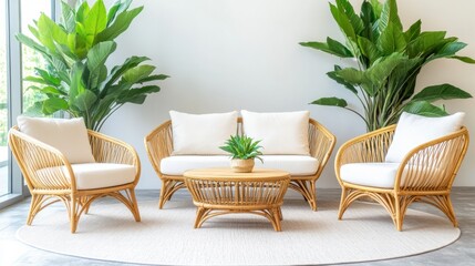 Modern Rattan Living Room Furniture with Green Plants