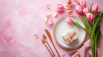 A pink Mothers Day table setting with golden cutlery, a plate, tulip flowers, and a gift box