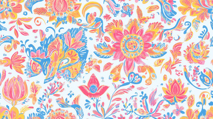 Cotton fabric Vibrant seamless pattern with detailed traditional floral motifs