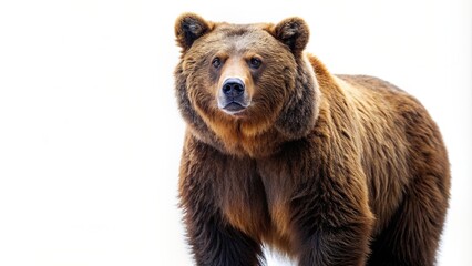 Fototapeta premium Big brown bear standing on a white background with its head turned slightly to the side, big brown bear, predator, head turned, alone, strength, nature, standing, majestic, outdoor