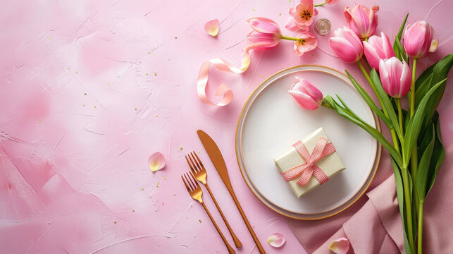 A pink Mothers Day table setting with golden cutlery, a plate, tulip flowers, and a gift box