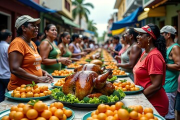 Group of people gathered around table with plates of food, ideal for events and gatherings