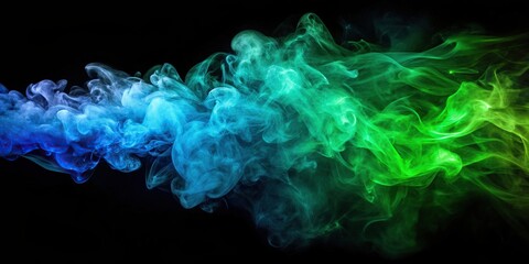 Obraz premium vibrant, fantasy, dark, motion, green, abstract, blue, Illuminated green and blue smoke billows through the air creating a mesmerizing visual effect against a dark black background