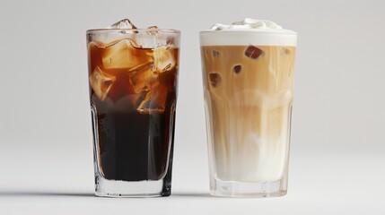 Minimalist presentation of two tall glasses, one with black iced coffee and the other with a latte with milk, set against a plain white background with clear copy space.