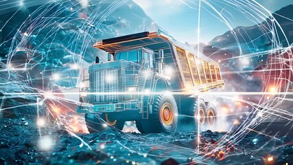Futuristic mining truck in advanced technology landscape, digital transformation of industrial heavy vehicle, sci-fi world.