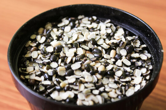 Split Black Lentil Also Know as Black Gram, Black Urad Dal, Vigna Mungo, Urad Bean on brown wooden Background
