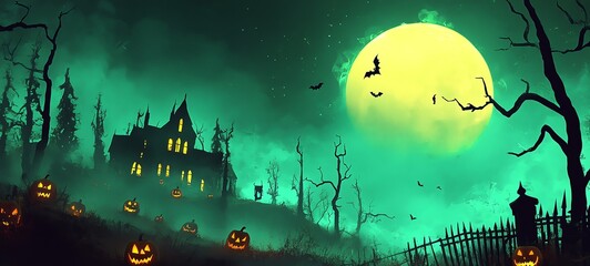 Haunted House  Halloween Night  Spooky Trees  Jack O  Lantern