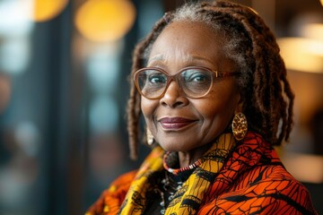Portrait of a Smiling Senior Woman with Dreadlocks and Glasses