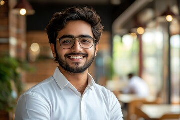 Fototapeta premium Smiling Young Man in Glasses Wearing a White Shirt