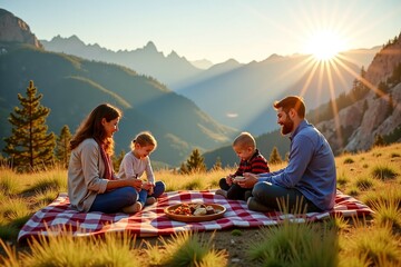 A family enjoying a picnic in the mountains with beautiful scenery and nature