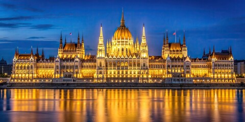 Obraz premium Budapest, Parliament Building, splendor, reflected, illuminated, Nighttime Splendor Orszaghaz Parliament Building Illuminated in Budapest Reflected