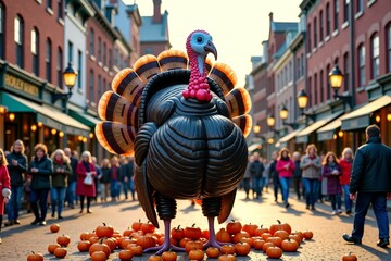 A sculpture of a turkey standing on top of a pile of pumpkins, perfect for fall or Thanksgiving-themed designs