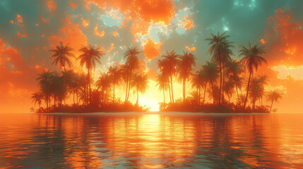 A surreal tropical island with vibrant green palm trees and bright orange beaches,