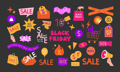 set of Black Friday elements. Concept of online shopping. Brightly coloured flat style stickers for sale