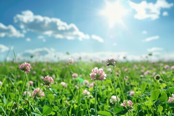 Obraz premium Wild Flowers In Field. Meadow with Clover Flowers in a Sunny Green Field