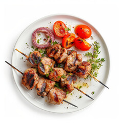 Top view of delicious grilled souvlaki skewers plated with vegetables