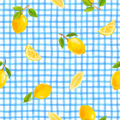 Beautiful vector fresh summer design with watercolor yellow lemon fruits and blue stripes on the background. Stock illustration. Ready print for textile. Seamless pattern.