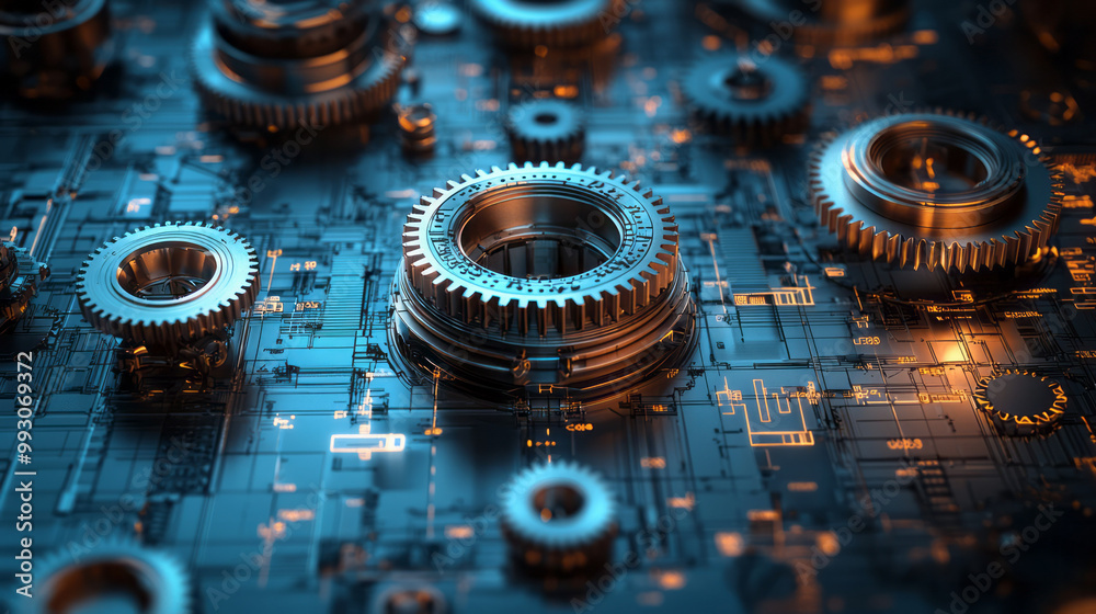 Poster A detailed mechanical blueprint with intricate gears and cogs,