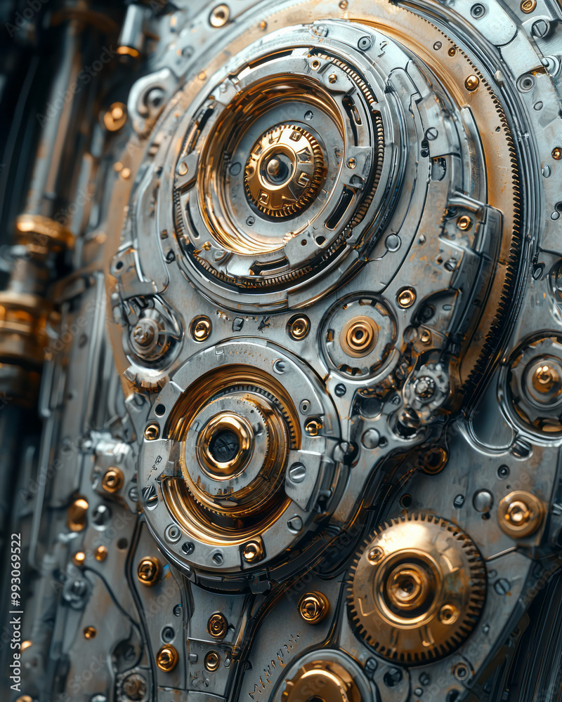 Aufkleber An abstract mechanical machine with rotating gears and intricate metalwork,