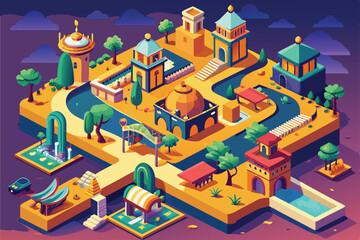 This colorful illustration captures an imaginative layout of the Silk Road, showcasing merchant activity, Customizable Silk Road Isometric Illustration