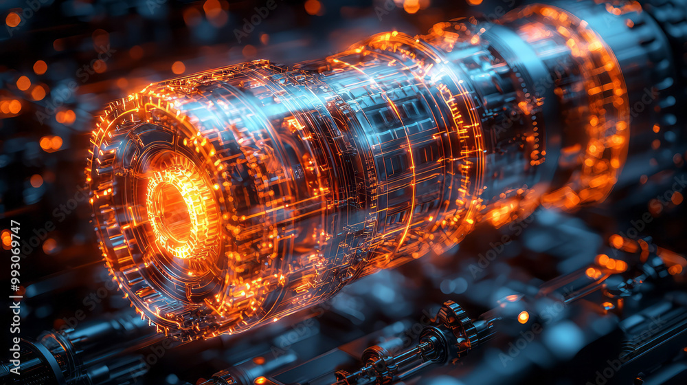 Poster a glowing 3d model of an engine in motion, showing the inner workings of its pistons, gears, and rot