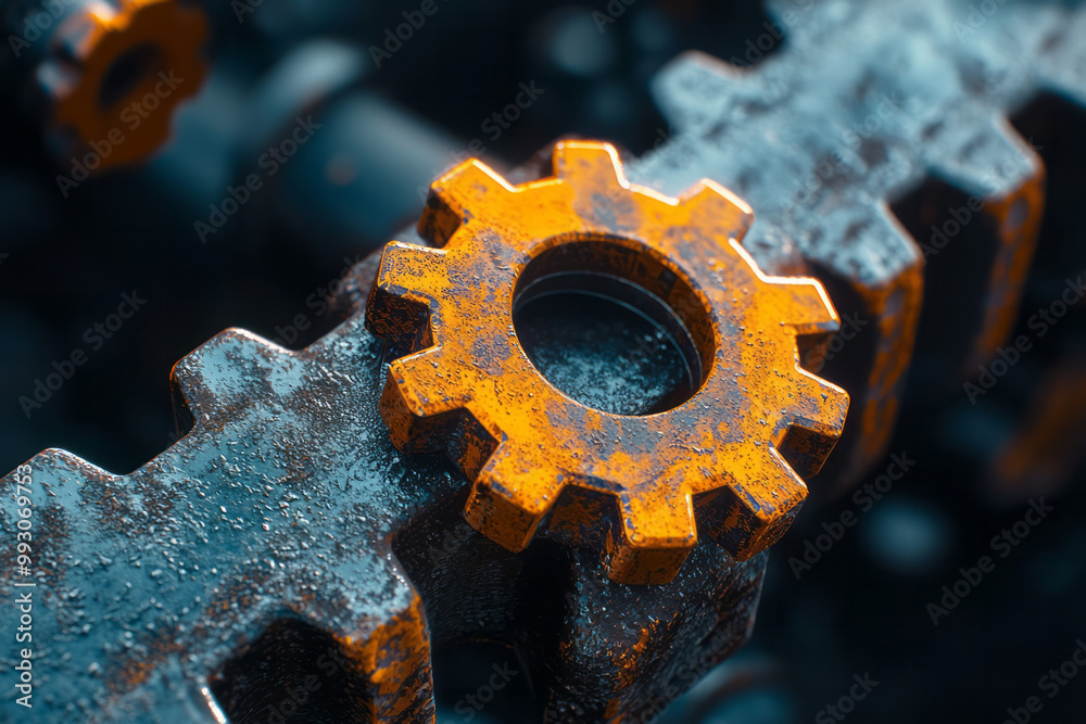 Aufkleber an abstract mechanical concept of interconnected gears and chains,