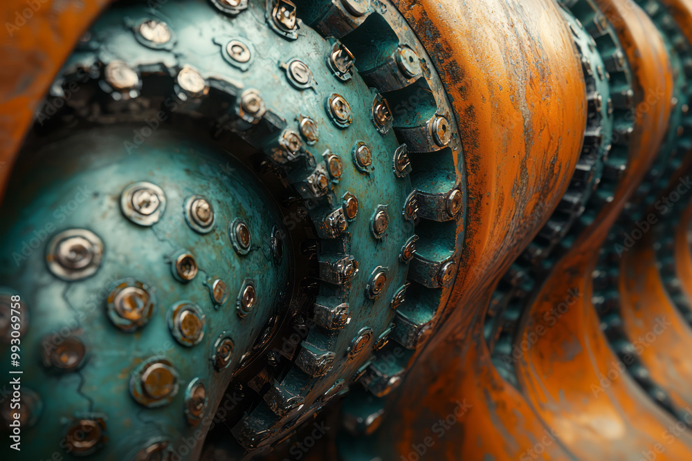 Poster An abstract mechanical concept of interconnected gears and chains,
