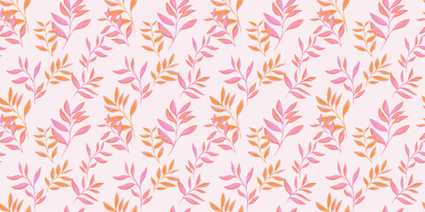 Colorful pattern with abstract artistic branches leaves. Stylized leaf stems print. Vector hand drawing illustration. Nature ornament for textiles, fabric, wallpaper