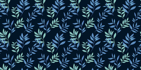 Abstract artistic branches leaves seamless pattern on a dark background. Stylized leaf stems print. Vector drawing illustration. Nature ornament for textiles, fabric, wallpaper