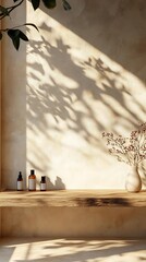 Minimalist 3D Render Background with Sunlight Shadows, Wooden Shelf, and Cosmetic Bottles