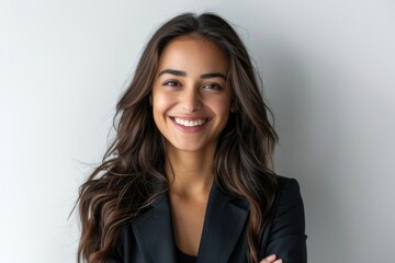 Obraz premium Young Professional White Background. Cheerful and Friendly Arab Businesswoman Radiating Confidence and Joy