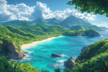 Fototapeta premium A panoramic view of a tropical island with rolling hills, lush forests, and clear blue waters,