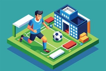 Fototapeta premium A player runs towards a soccer ball on a bright, customizable isometric field with nearby structures, Customizable soccer illustration in isometric style.