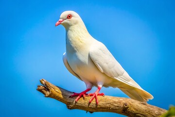 A stunning albino pigeon sits peacefully on a branch, its pure white feathers illuminated against a gentle blue